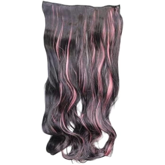 Synthetic Hair Extensions, Black with Pink Highlights, Long Wavy Clip-in Style, Heat Resistant Fiber